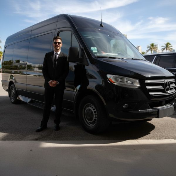 Professional chauffeur standing in front of a black Mercedes-Benz Sprinter van at an airport pickup location.