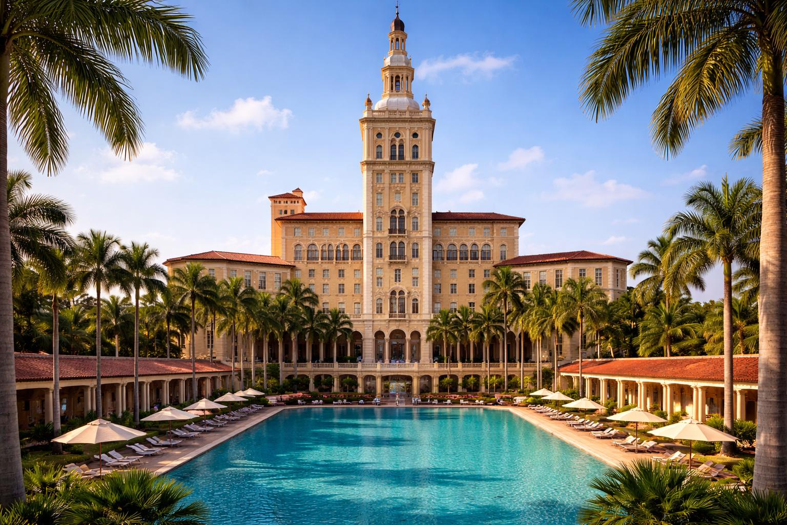 Biltmore Hotel Miami with grand tower, palm trees, and large swimming pool in Coral Gables.