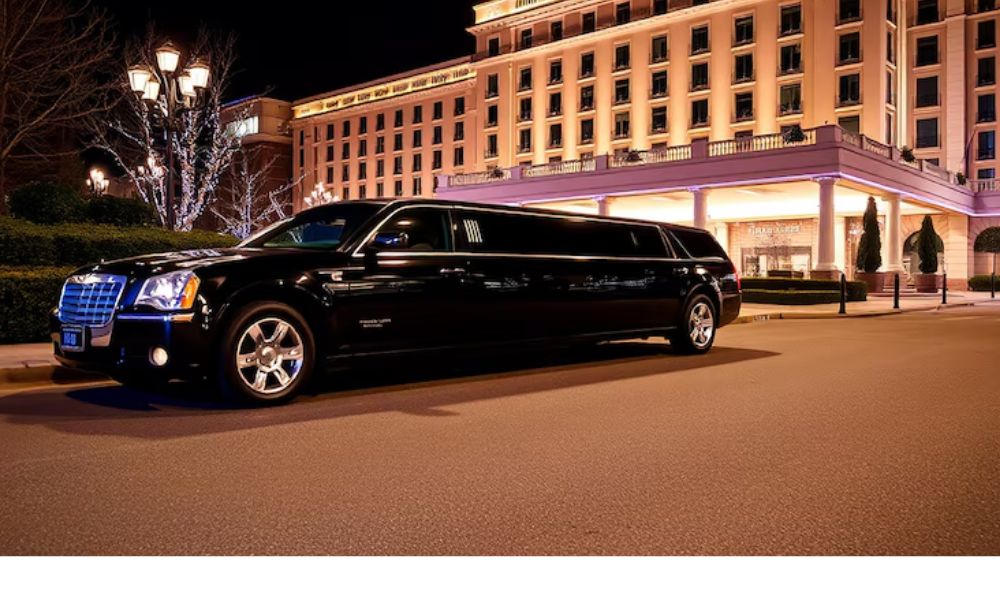 Black stretch limousine parked outside luxury hotel at night