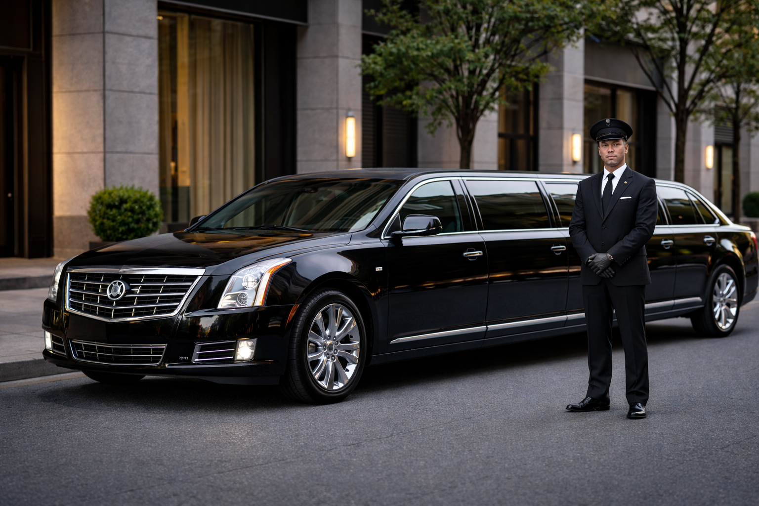 Black stretch limousine with professional chauffeur standing beside luxury vehicle on city street.