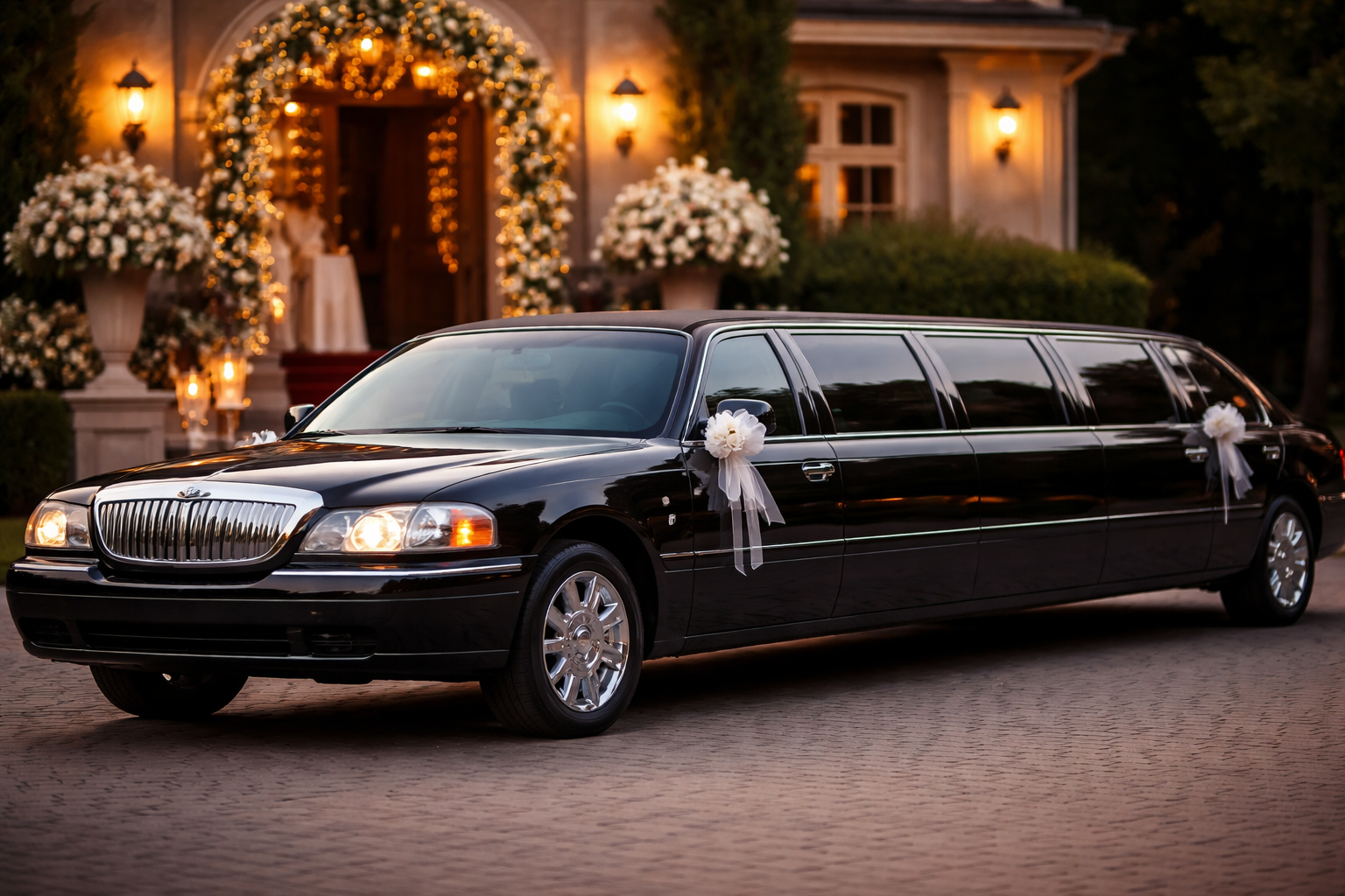 Black wedding limousine parked outside elegant wedding venue with floral decorations and warm evening lighting