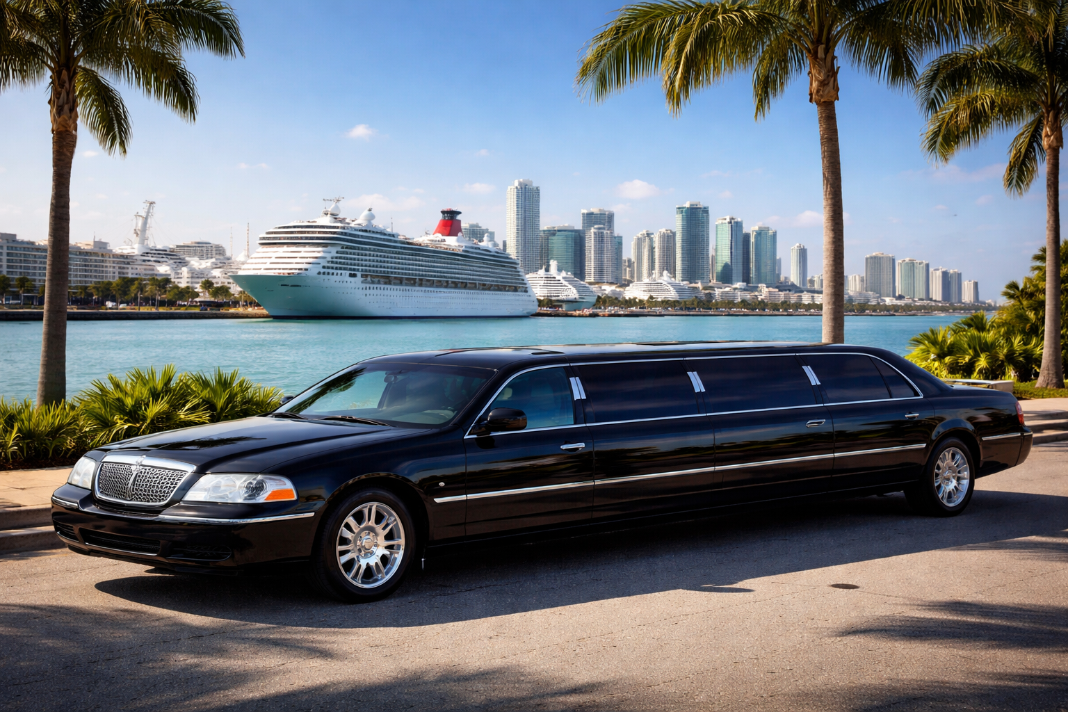 Luxury black stretch limousine parked at PortMiami waterfront with cruise ship and Miami skyline in background.