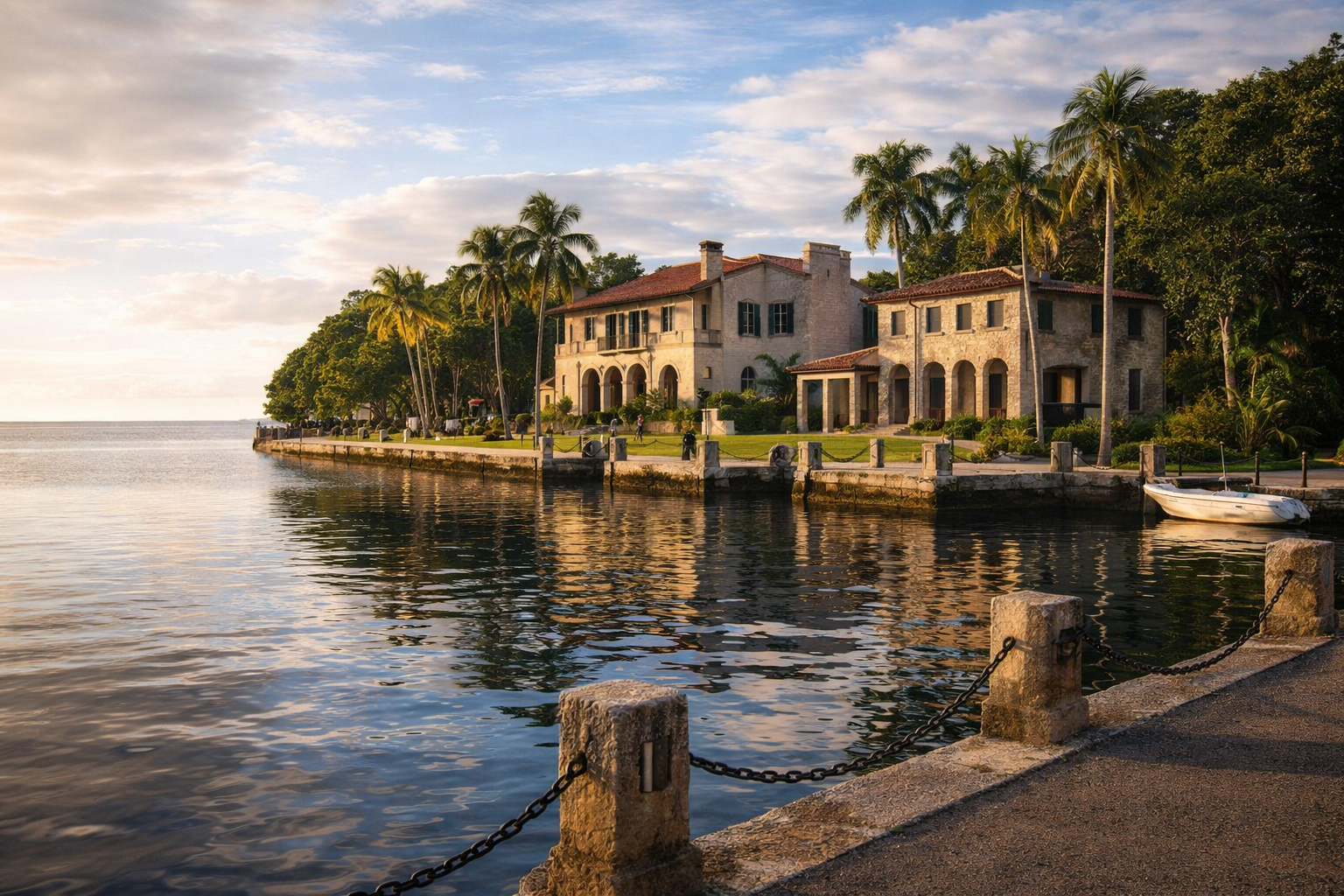 Deering Estate historic waterfront mansion with palm trees and calm bay in Miami.