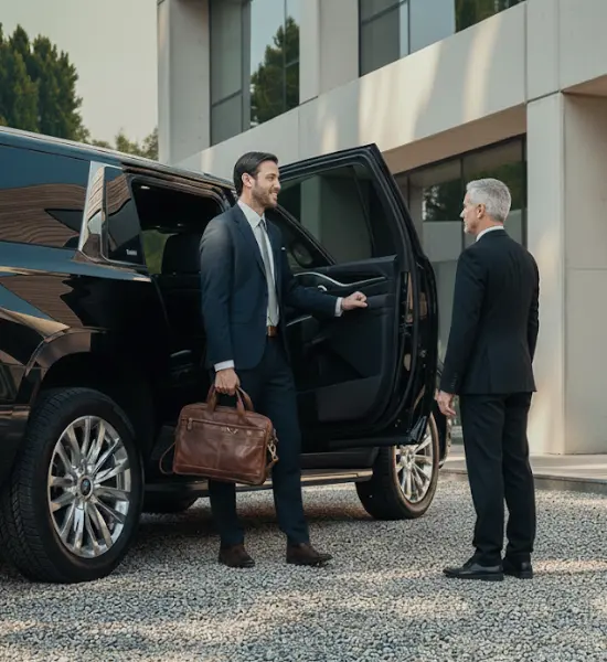 Executive exiting black SUV with chauffeur holding door
