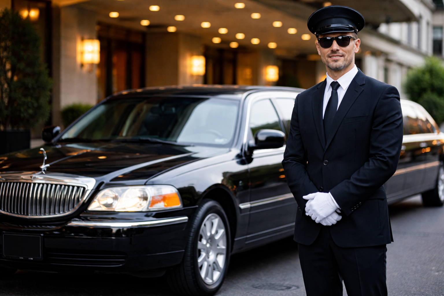 Luxury black limousine with professional chauffeur standing beside