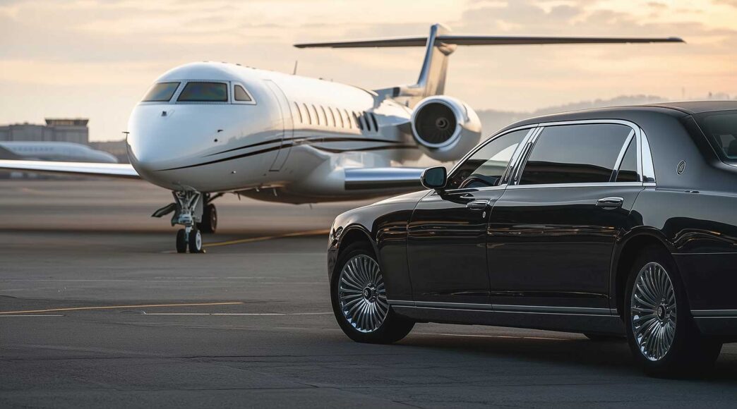Luxury black sedan with private jet at airport
