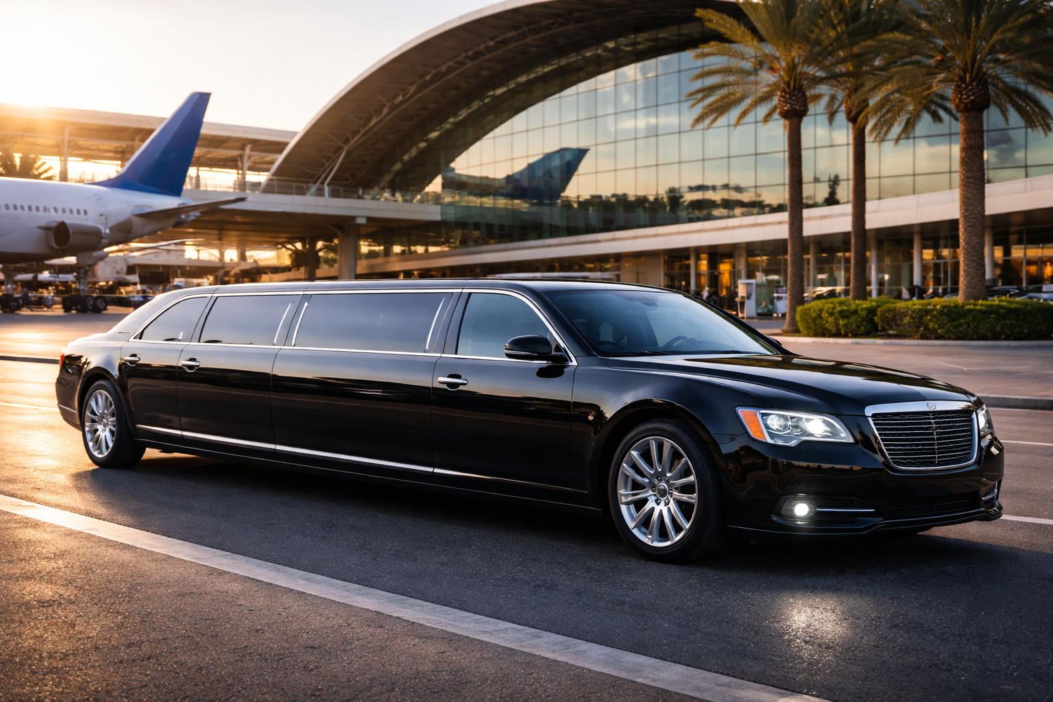 Luxury limousine parked at airport terminal.