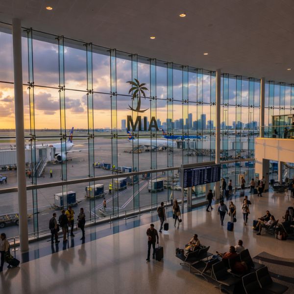 Miami International Airport terminal with airplanes and skyline