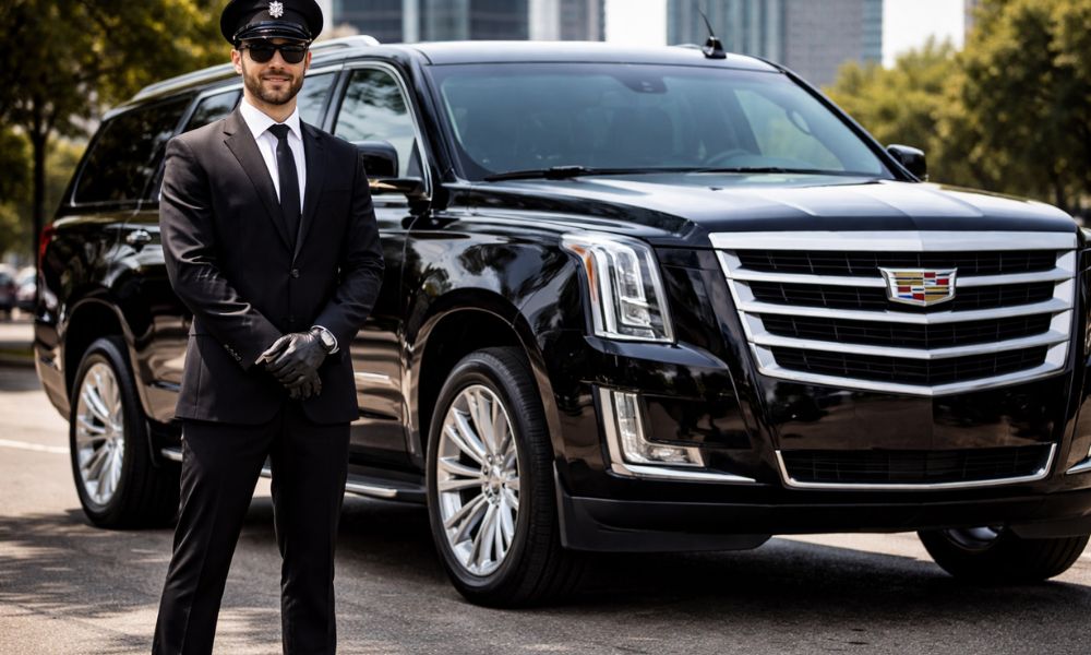 Professional chauffeur standing beside black Escalade SUV