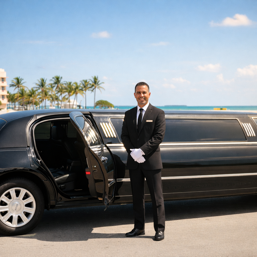 Professional chauffeur standing beside black stretch limousine