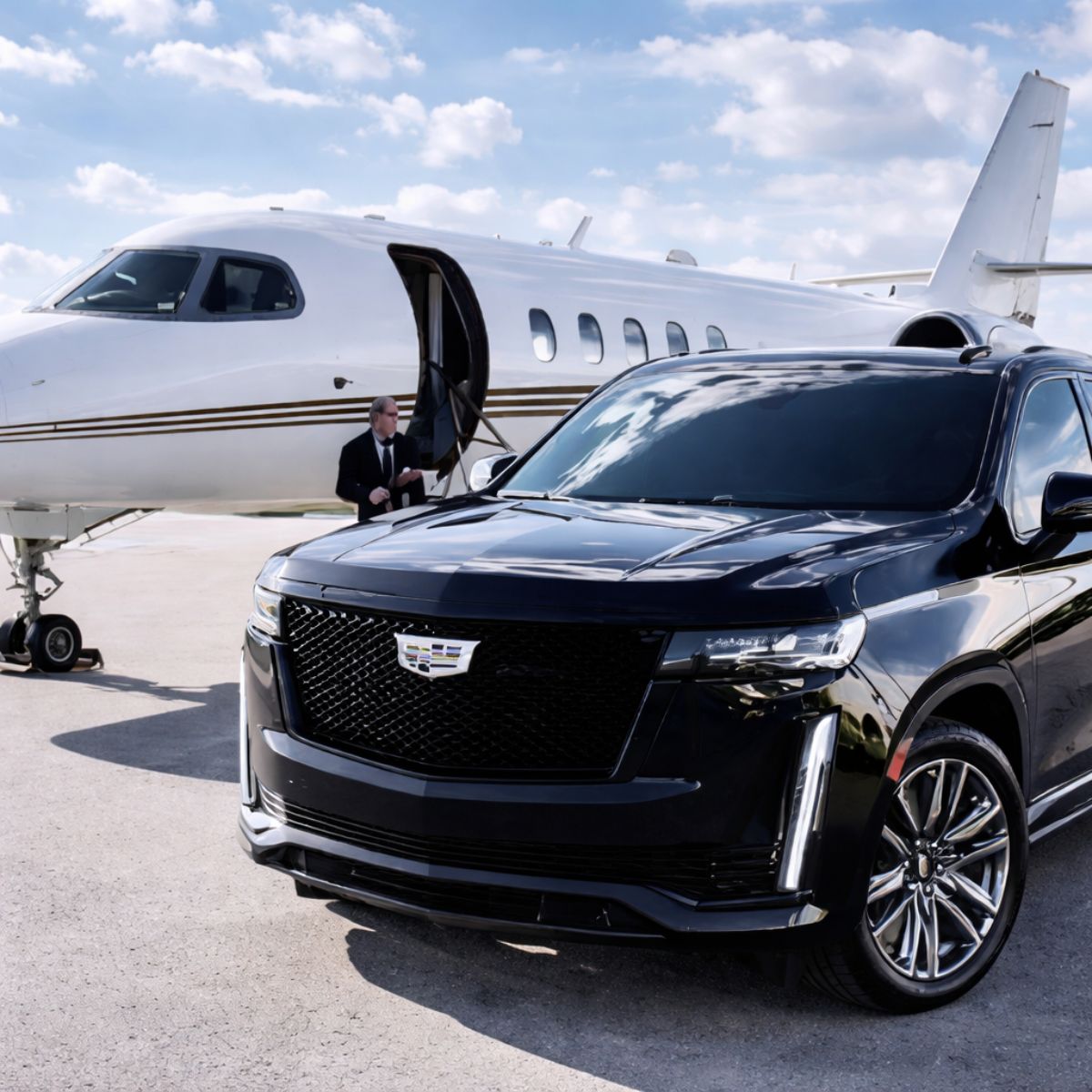 black luxury SUV parked beside private jet runway