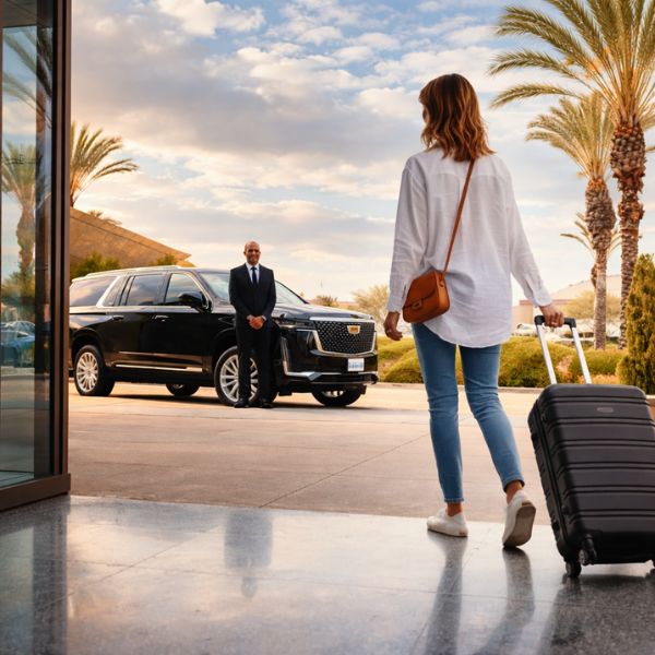 woman with suitcase walking toward chauffeur and luxury SUV