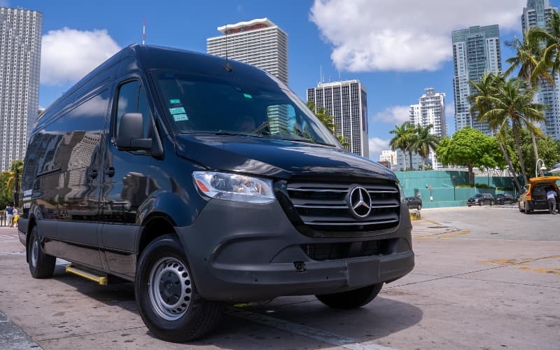 Black Mercedes Executive Sprinter exterior for group corporate travel in Miami