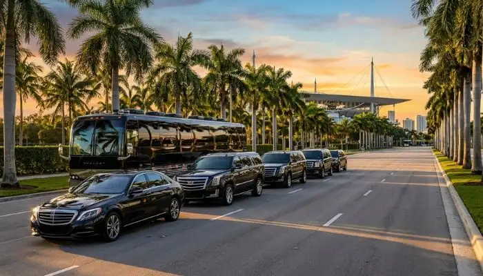 Black luxury vehicles and charter coach parked along a palm-lined Miami boulevard