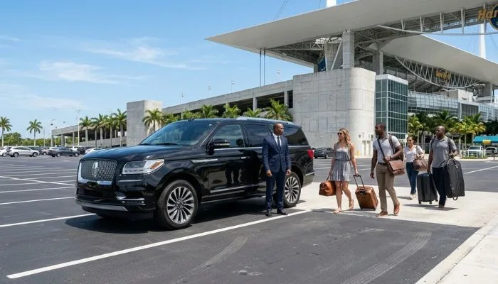 Chauffeur greets passengers by a black luxury SUV at Hard Rock Stadium