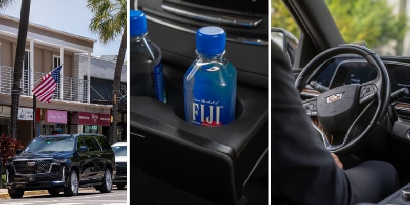 Premium chauffeur service in Miami featuring luxury Cadillac Escalade SUV with complimentary Fiji water and professional driver