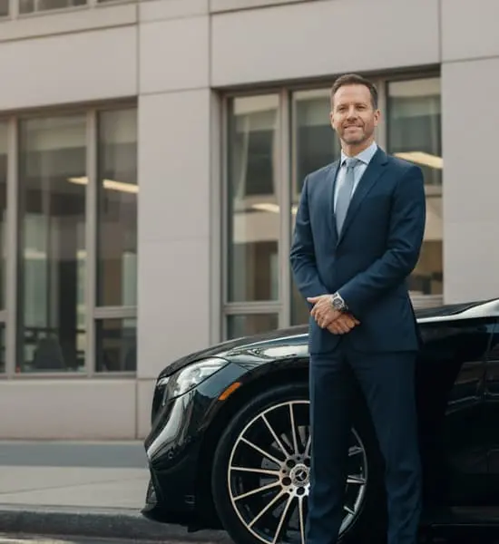 Professional-Sal-Limo-Service-chauffeur-in-a-suit-standing-with-a-black-luxury-sedan