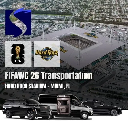 Professional transportation fleet featuring luxury SUVs and vans for FIFA World Cup 2026 at Hard Rock Stadium, Miami