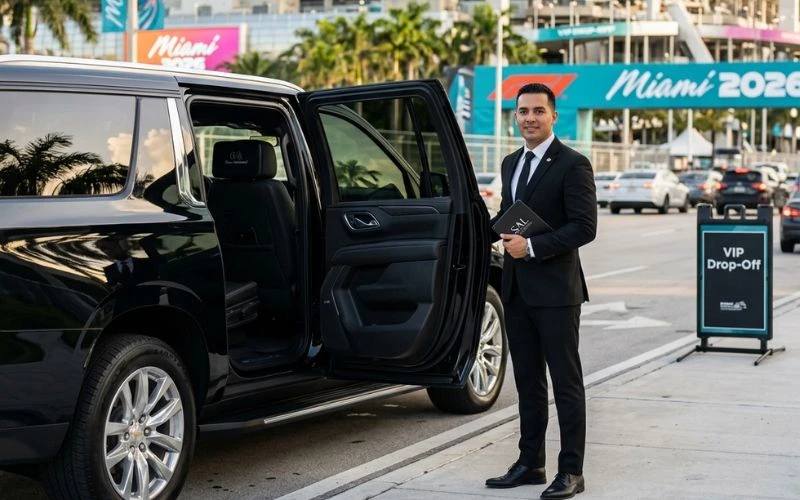 chauffeur stands by black suv outside miami stadium