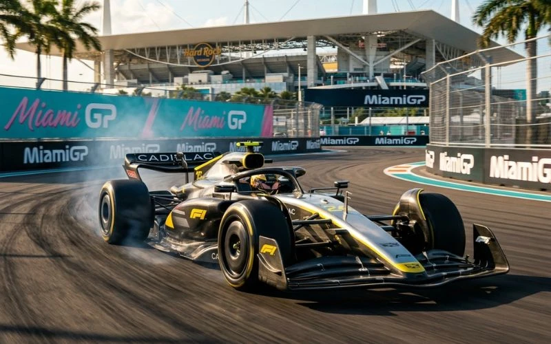 formula 1 car racing past hard rock stadium