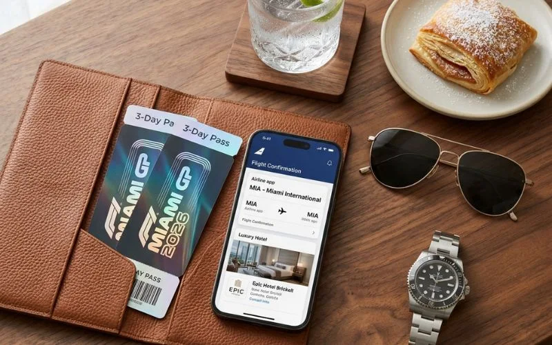 miami gp passes travel documents phone watch and pastry