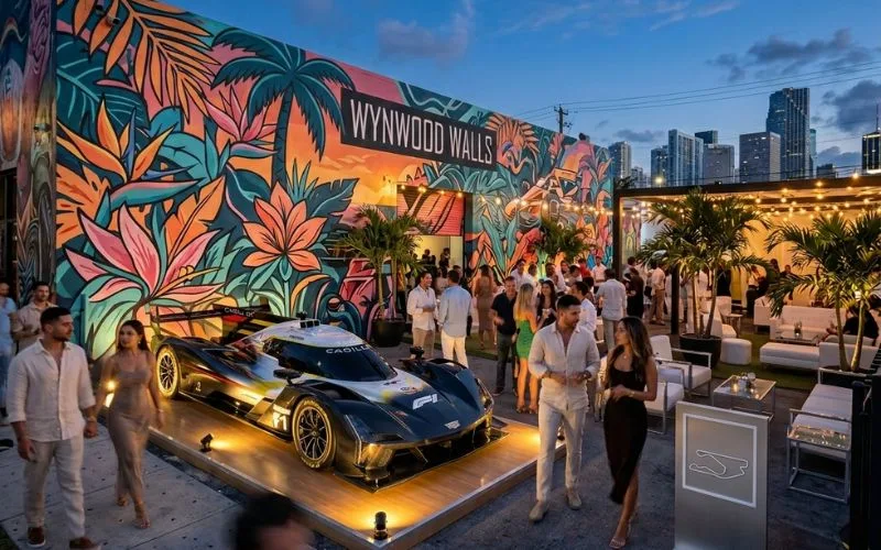 people mingle outside wynwood walls with race car
