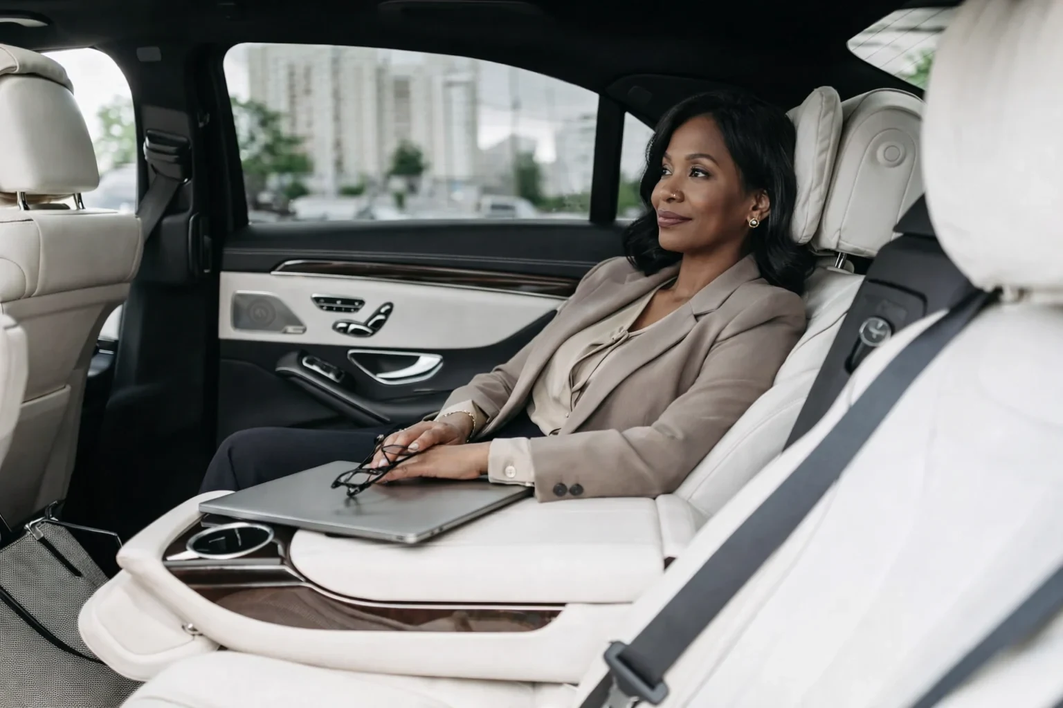 businesswoman sitting in backseat of luxury car businesswoman sitting in backseat of luxury car