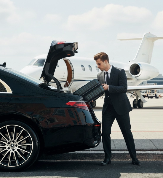 chauffeur loading luggage into a black car trunk