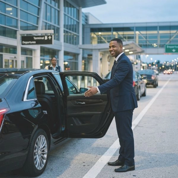 chauffeur welcoming passenger at airport terminal car door chauffeur welcoming passenger at airport terminal car door