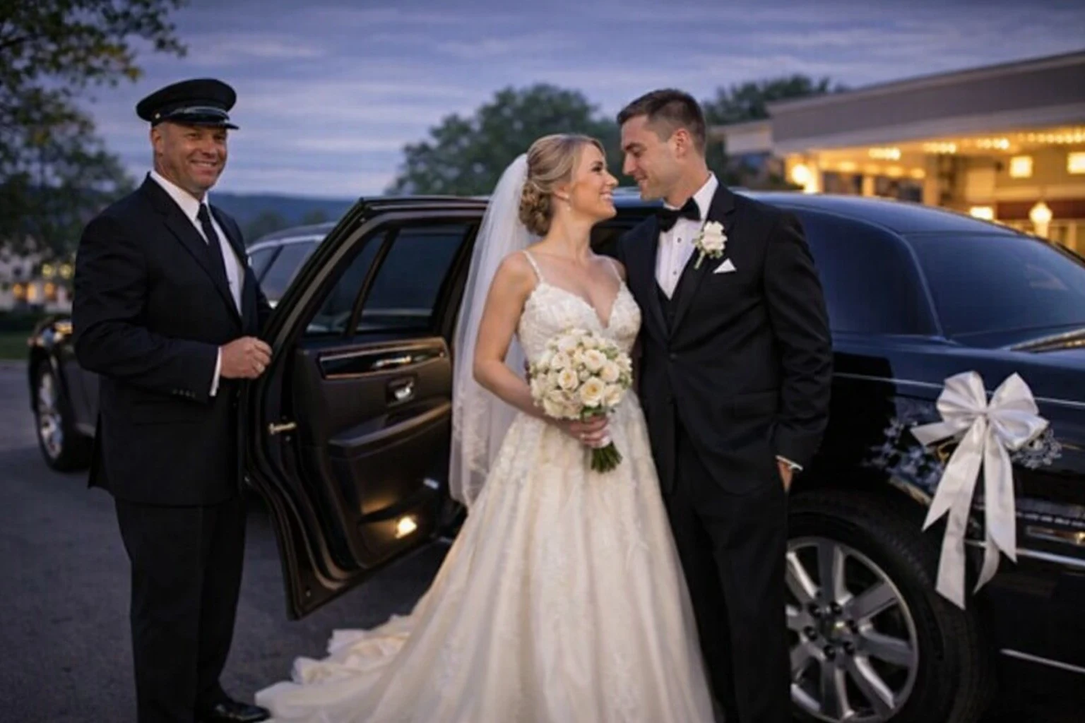 wedding couple standing by a black limousine door